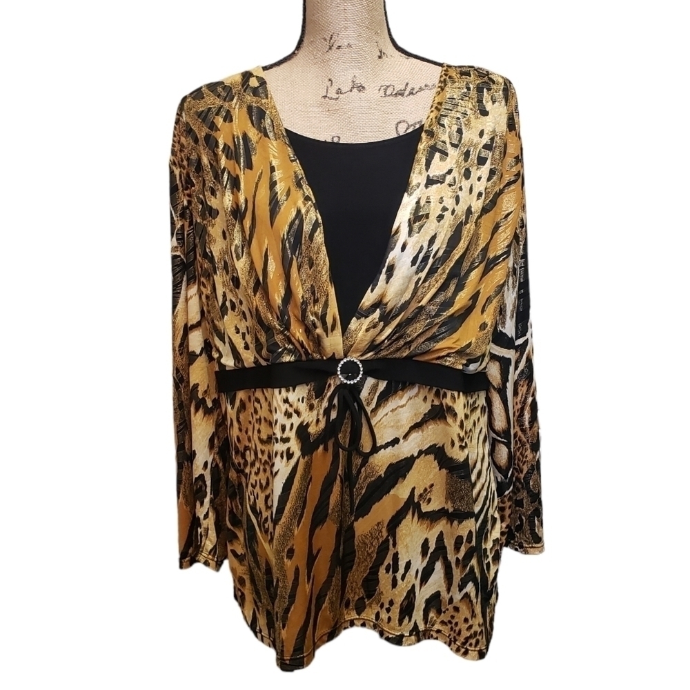 Animal Print Blouse Metallic Rhinestone Accent - Picture 6 of 12